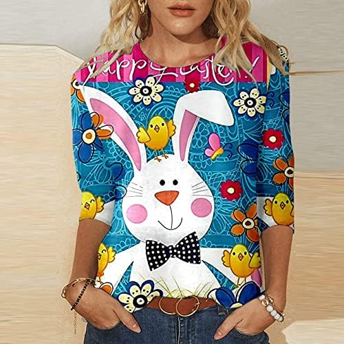Дами лабава вклопена маица 3/4 ракав памук екипаж цветни графички симпатични животински зајачиња костуми врвни ти -тинејџери