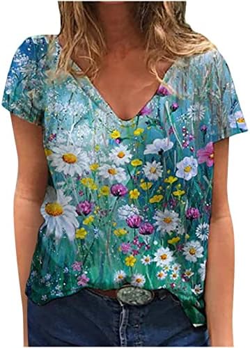 Краток ракав 2023 Vneck Памук Цветна графичка блуза маица за жени есен лето лабаво вклопување опуштено вклопување маичка ТМ