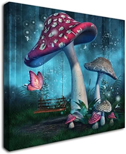 Магичен шумски wallид уметност фантазија печурки wallид декор природа пејзаж растително растение слика пеперутки платно печатење расадник декор