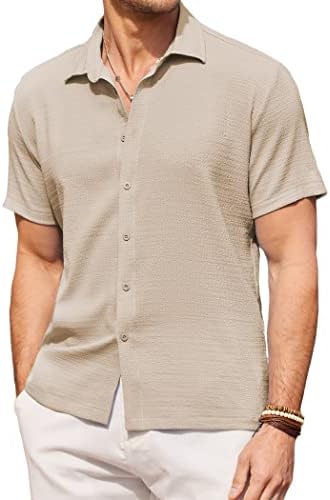 Коофанди маж -случајно копче за кратки ракави со кратки ракави со текстурална летна кошула на плажа