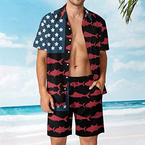 Американско знаме за риболов со знаме машка облека од 2 парчиња плажа на Хавајски копче надолу со кошула со кратки ракави и шорцеви костуми