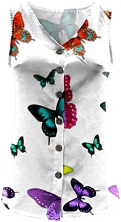 Кошули без ракави на мијашуи за жени летни копче нагоре кошула без ракави v вратот пеперутка печатена памучна основа