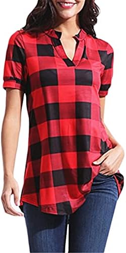 Andongnywell Women v вратот карирана тунична кошула карирана врвови за жени обични маица со кратки ракави со кратки ракави со блуза со врат од