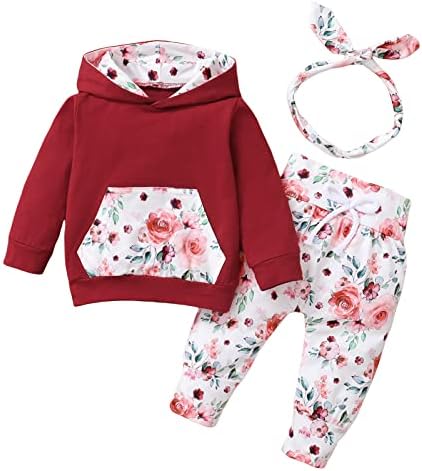 Новороденче девојче есен зимска облека со долги ракави дуксери дуксери цветни панталони со сет на облека од 3 парчиња облека од 3 парчиња