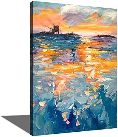 Ехеи рачно насликано масло за сликање, зајдисонце над морето модерно сликарство во пејзаж, уметничко декорација на wallидови за дома, дневна соба, спална соба, канцел