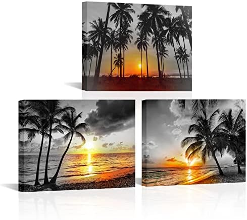 Rnnjoile 3 панел црно -бела плажа wallидна уметност златна тропска морско море зајдисонце слики печати на платно врамени хаваи
