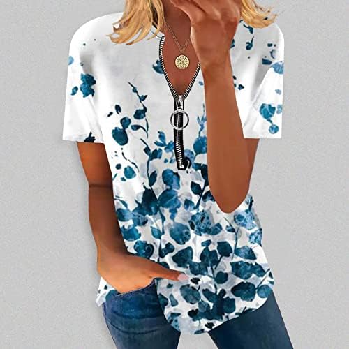 Летни врвови за жени, женски градиент печатена маица обична маичка со кратки ракави лабава патент против вратот фустани блузи