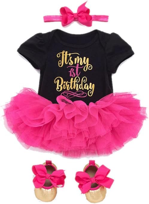 4 IN1 убава облека за роденден/фото -фустан за бебе девојче 1 -годишна роденденска забава -headband + tutu + здолниште + ромпер + чевли.