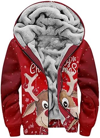 Јакни за мажи, грда Божиќ графичка задебела Шерпа поставена фланелна ватирана надворешна облека, патент топли дуксери јакни надвор од облеката