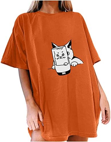 2023 Смешна графичка маица со мачки за лице за жени плус големина на рамо на рамо на кратки ракави на кратки ракави, обичен екипаж