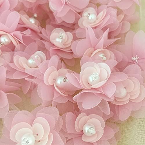 Pumfabric чипка ткаенина за свадба 100 парчиња 3D бисер со брада чипка Аплика за прашина розова рачно изработена цветна розета DIY