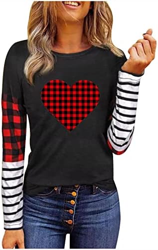 Решетка срцеви врвови за жени биволи карирани шарени крпеници со долги ракави кошули случајни слатки девојки блузи