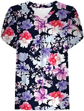 Womenените со краток ракав Топ 2023 година Внек Памук Флорал Графички салон лабава вклопена опуштена вклопена кошула за блуза Каваи