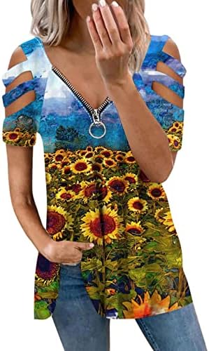 Краток ракав ладно рамо врвови за дами против вратот цветна графичка тенок туничен блуза блузичка тинејџерска девојка 2V