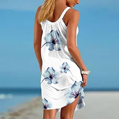 Фустани за летни прашка за жени за жени без ракави без ракави мини фустан лабаво вклопување на екипаж фустани на плажа, бохо печати жени фустани