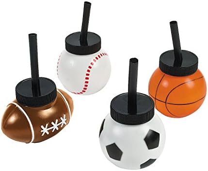 Sport Ball Sipper Cups со сламки - сет од 12, секој има 8 мл - фудбал, кошарка, фудбалски и бејзбол топки - Спортски партии