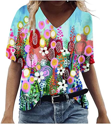Тинејџерски девојки длабоко против вратот Памук цветни графички лабави се вклопуваат преголема опуштена вклопена обична маица за жени