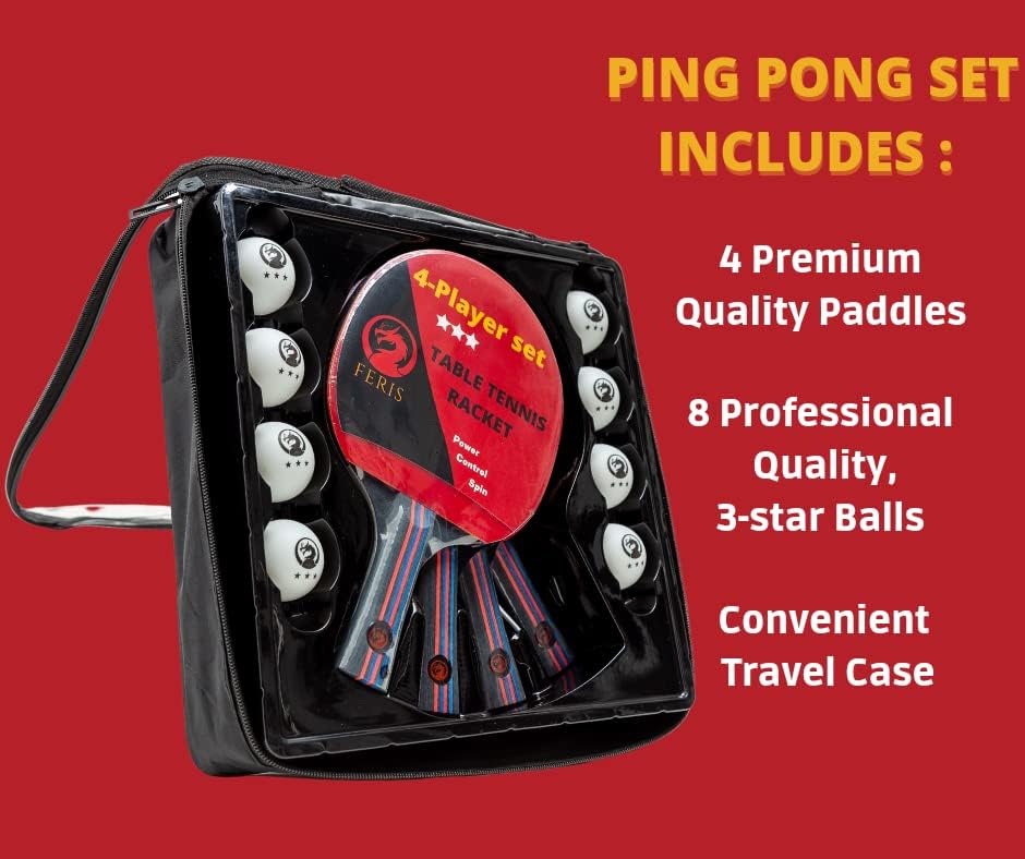 Пинг -понг лопатки сет од 4 - Ферис - Професионални рекети за тенис на табели - Сигурен про сет со кутии и 8 топки - Подобрување на