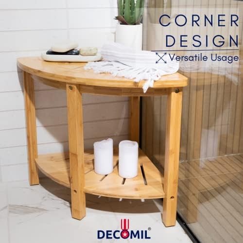 Декомил - клупа за туширање во бамбус, столче за туширање во бања со складирање | Нозе на нозе и водоотпорна клупа | Совршен за бања, бањата