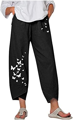 Капри панталони за жени памучни постелнини широки нозе каприс лето пеперутка цветни печати плажа еластична половината бања исечени панталони