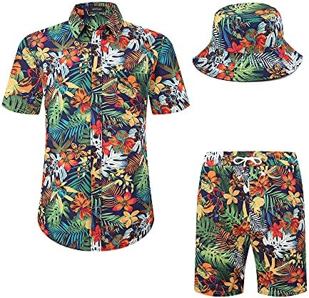 Машка кошула на хавајски кошула и кратки облеки за одмор од 2 парчиња поставува случајно копче надолу по плажа цветни костуми со капи