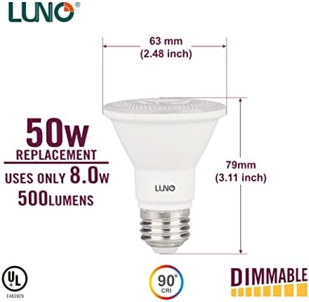 LUNO PAR20 ЗАТЕМНЕТА LED Сијалица, CRI 90+, 8W, 500 Lumens, 4000K, Средна Основа, UL Наведени