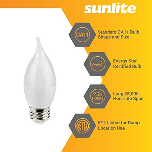 Sunlite 80477 LED Ca11 Пламен Врвот Лустерот Сијалица, 2700k Топло Бело, 7 Вати 500 Лумени, Средни E26 База, Затемнети, Енергија