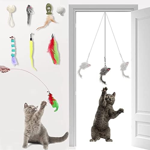 ПЕМО 9 парчиња врата што виси играчка со мачки и топки од 3 парчиња мачки
