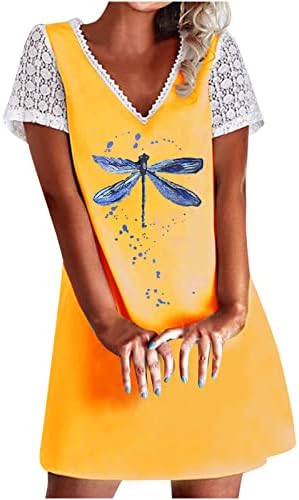 Женски летни чипка туники фустани обични кратки ракави v вратот цврсти маички во боја мини фустан елегантна замав во смена во смена