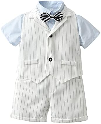 Бебе дете момче формален господин костуми од лента за кратки ракави ромпер -биб -суспензии шорцеви панталони лак вратоврска за смокинг облеки