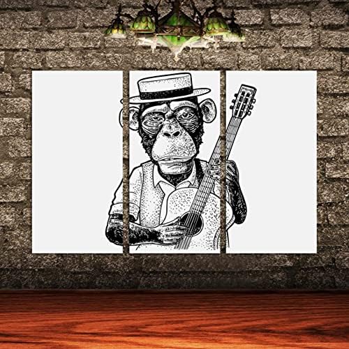 Wallидна уметност за дневна соба, маслено сликарство на платно, голем врамен мајмун облечена капа, држејќи ги гитара уметнички дела за