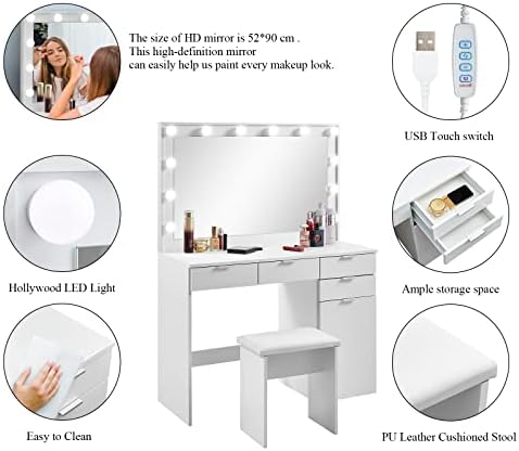 Клипоп Модерна Шминка Суета Биро со 3 БОИ LED Светла И Големо Огледало, 41 инчен Голема Маса шминка со 4 Фиоки &засилувач;