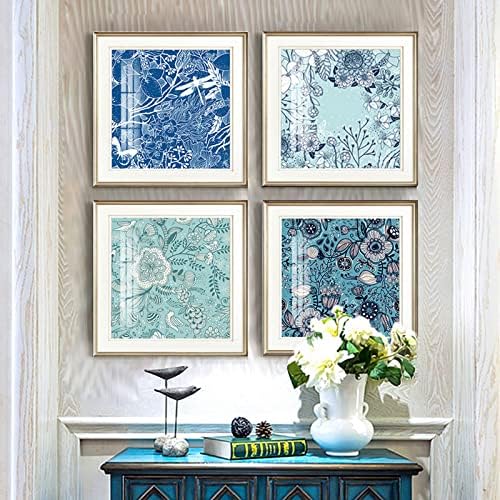 Рамка со сина цвет и пеперутка платно wallидна уметност за дневна соба -драгонфли сликање со стакло за канцеларија -4 парчиња птици