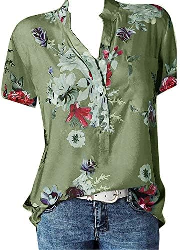 Andongnywell женски кратки ракави летни v вратот Цветни печатени врвови, лекови лабави кошули со блуза од руф