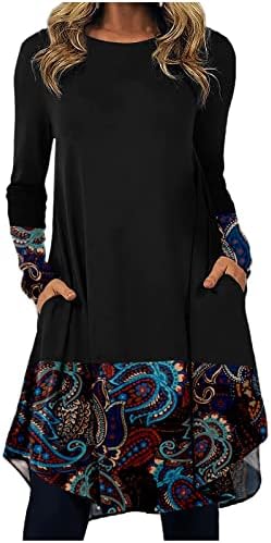 Maseенски моден обичен печатен пулвер со тркалезен врат лабав фустан со долг ракав