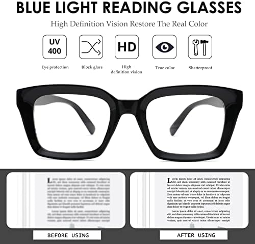 Nulooq 2 пакет Стилски дами за читање очила, опра квадратни сини светло блокирачки очила за жени 1,5 2,0 2,5 3.0
