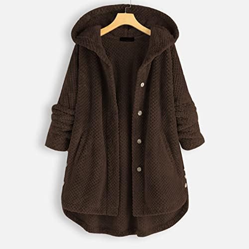 Плус големина јакна женски копче плишано палто топло зимски јакни со худи цврста термичка надворешна облека со џеб, дуксери