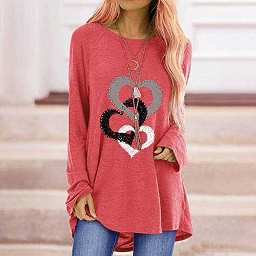 Денот На вљубените Жени Плус Големина Туника Блузи За Хеланки Сјај Срце Печатење Екипажот Долг Ракав Пуловер Кошула Блуза