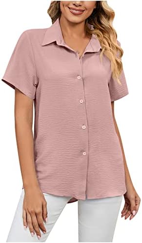 Женски случајни копче надолу кошули летни кратки ракави маица цврста боја на брчки блузи лабави вклопувачки канцелариски врвови