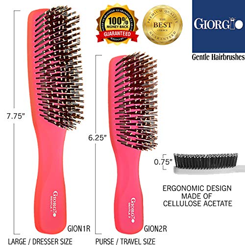 Giorgio Gion1r Neon Red 7,75 инчи нежен допир Detangler четка за коса за мажи и жени. Меки влакна за чувствителна скалп. Влажно и суво