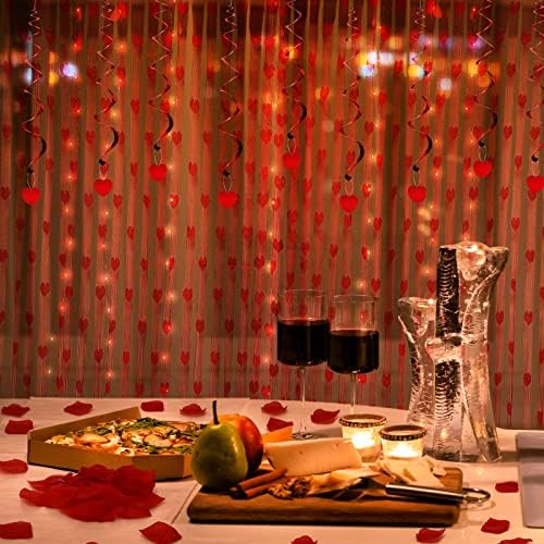 Декорација на Денот на в Valentубените на јутом 17 парчиња црвена чипка срцеви завеси црвени самовила светла што висат срцеви вртлови