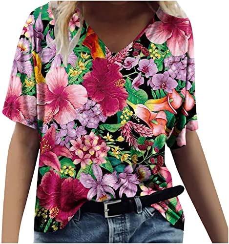 Цветни Врвови За Жени Со Кратки Ракави 3д Печатење Пролетна Блуза Лето В Врат Хавајски Кошули Секојдневни Лабави Маици За Плажа