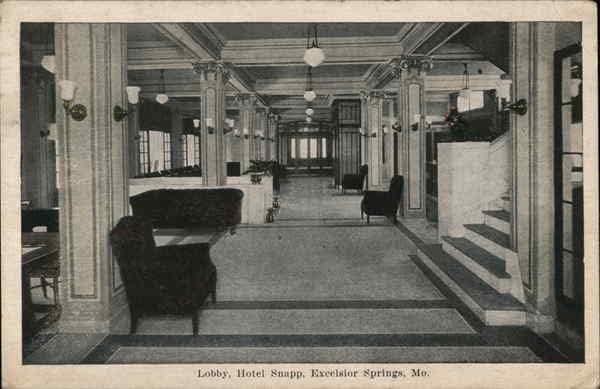 Лоби, хотел Snapp Excelsior Springs, Missouri MO оригинална античка разгледница 1922 година
