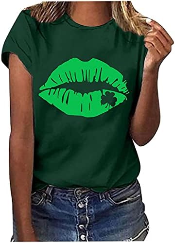 Усни секси ирски шамаричен зелен Сент Патрикс ден маица женски екипи на екипаж со кратки ракави кошули симпатична детелина за усни графички