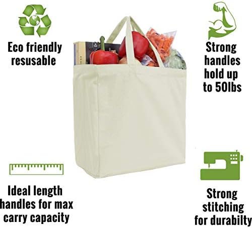 Threadart Еднократно Тешки Памучни Платно Торби За Намирници Пакет од 6 | Со Силни Рачки Држи до 50 фунти | Еколошки | Големи