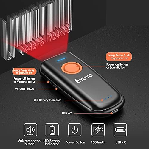 Eyoyo 1D линеарен безжичен баркод скенер Bluetooth, брзо и точно скенирање, копче за прилагодување на јачината на звукот, Индикатор за