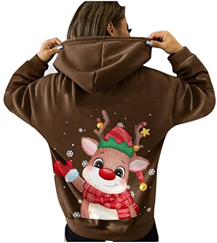 Дукли со долги ракави на Beuu со џеб, божиќни џемпери за џебови за жени Божиќни смешни елки печатени врвови палта