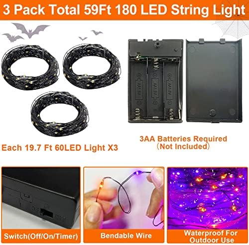 [3 пакет] Стринг -светла за вештерки со тајмер, вкупно 180LED 59ft бакарна жица батерија управувана со украси за Ноќта на вештерките,