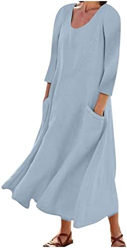 Женска модна обична цврста боја 3/4 ракав памучен постелнина џеб фустан