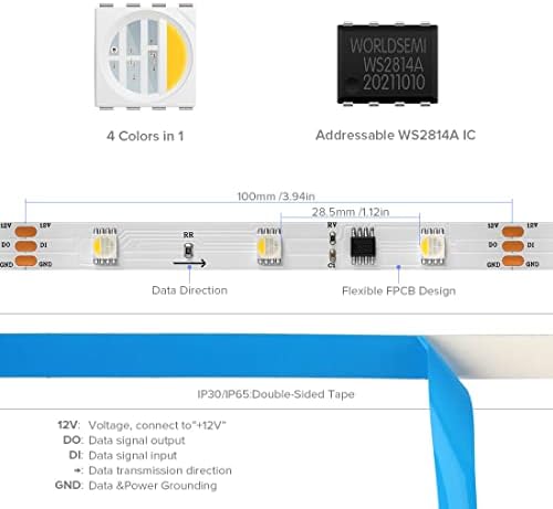 Sezo WS2814 IC LED ленти со ленти RGBW адресибилни 4-во-1 RGB+топло бело 2700-3000k 16.4ft/5m 30leds/m Dream Color Probramable LED